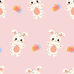 Seamless pattern of Easter bunnies with eggs, perfect for holiday, spring, and festive design projects.
