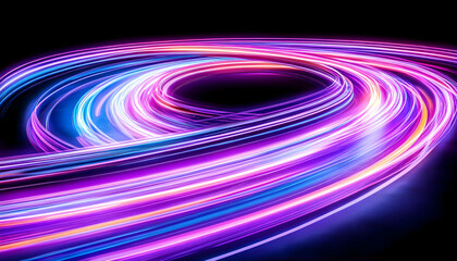 Abstract Light Trails Swirling neon lights on black background; ideal for tech, music, or energy visuals