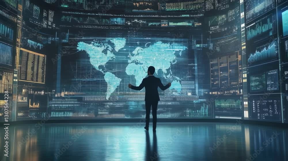Poster businessman analyzing global data on futuristic touchscreen. visualizing world map with interconnect