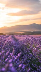 Obraz premium Stunning lavender field at sunset with rolling hills, warm breeze, and distant mountains in pastels