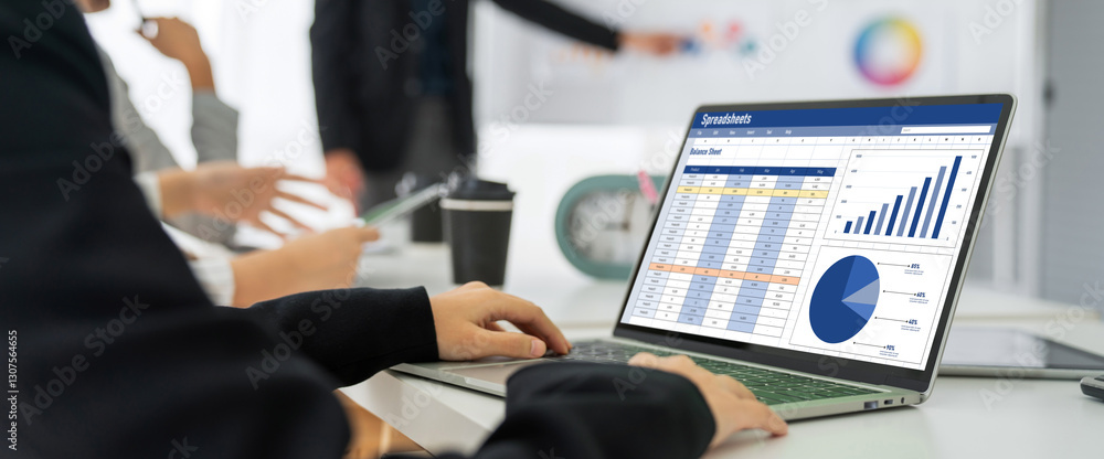 Poster spreadsheet document information financial startup concept. data and graphs in spreadsheet documents