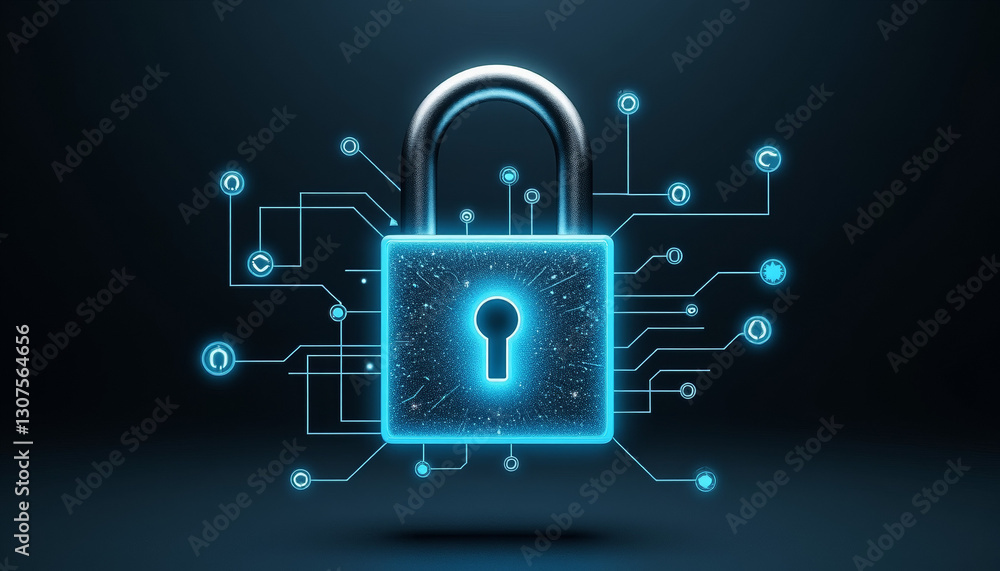 Poster 3d-rendered metallic padlock with holographic encryption patterns, security concept