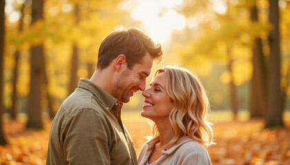 Fototapeta premium Joyful connection between couple amidst autumn leaves, celebrating love