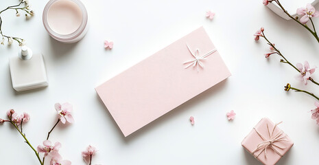 minimalist and elegant empty paper, gift certificate design featuring soft pastel tones, delicate floral elements, and a clean aesthetic. copy space for beauty, wellness, spa