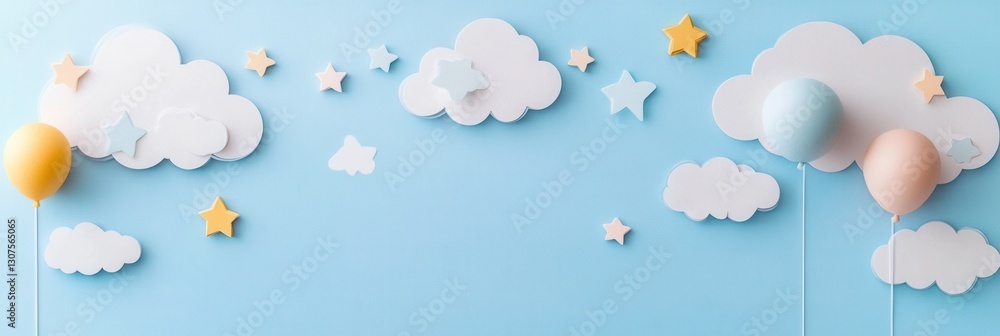 Poster create a dreamy whimsical atmosphere with pastel clouds, balloons, and stars for playful backgrounds