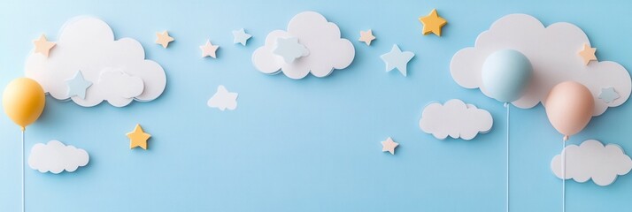Create a dreamy whimsical atmosphere with pastel clouds, balloons, and stars for playful backgrounds Generative AI