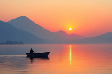 Naklejka premium A peaceful lakeside sunset with a lone fisherman, serenity.