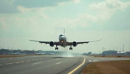 an airplane taking off and gaining altitude