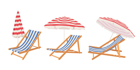 Set with folding beach chair with umbrella. Hand drawn beach and garden furniture.	