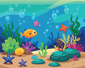 Obraz premium Vibrant Underwater Coral Reef with Fish and Seaweed 