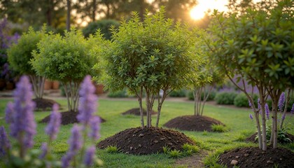 Fototapeta premium Serene Garden at Sunset with Purple Flowers