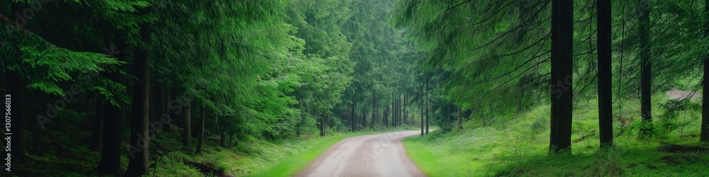 Poster a forest path with trees and a road. the road is wet and the trees are green