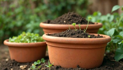 Fototapeta premium Terracotta Pots with Green Plants in Garden