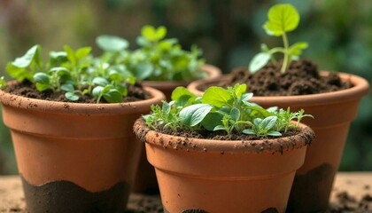 Small Potted Plants with Fresh Green Leaves