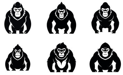 This image showcases six black and white silhouettes of gorillas.