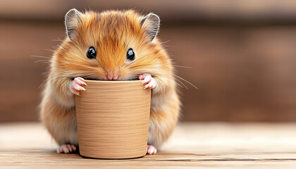 Obraz premium Adorable hamster sipping from a cup on a wooden table, perfect for pet-themed calendars or websites
