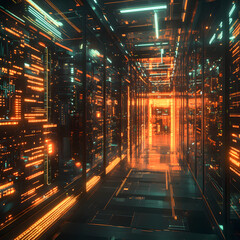 Cybernetic Corridor: A futuristic interior showcases an abstract depiction of a data center or server room with neon lights.