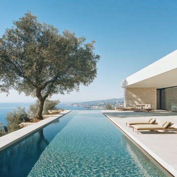 Stunning infinity pool overlooking a breathtaking ocean view from a modern, minimalist villa.  Spacious terrace, lounge chairs, and a large, mature tree are also featured.