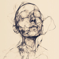 Abstract face depicted in a sketch style. Monochromatic portrait with expressive lines and shading. Artistic rendering of a human head with closed eyes.