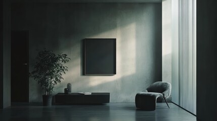 Modern Interior Mockup, Empty Frame, Sunlight, Plant, Minimalist