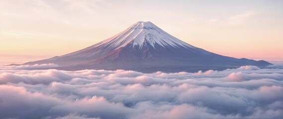 Fototapeta premium Majestic snow-capped Mount Fuji rising above pastel-hued clouds at sunrise, bathed in soft golden-pink light. A tranquil, panoramic view capturing the serene beauty and grandeur of Japan’s iconic peak
