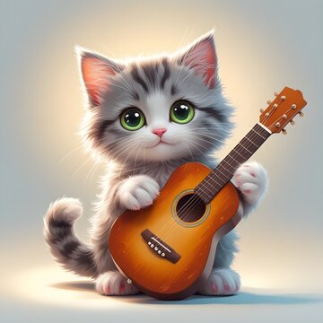 Adorable 3D Cartoon Kitten Playing Guitar &ndash; Cute Musical Cat Art