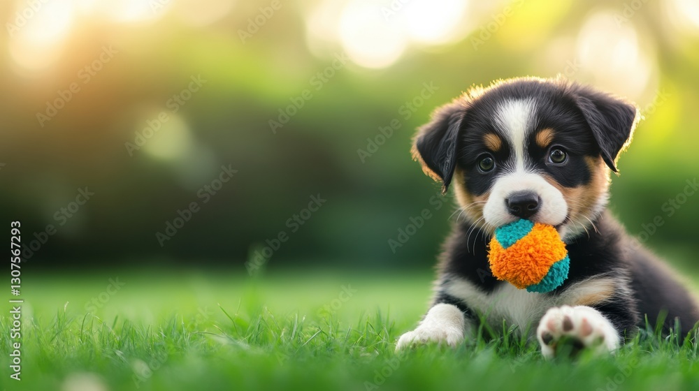 Poster Playful puppy enjoys a chew toy while sitting on lush green grass in soft natural lighting Generative AI
