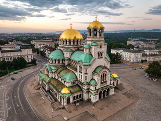 Orthodox Cathedral Alexander Nevsky in Sofia city, Bulgaria close-up in center of capital in summer...