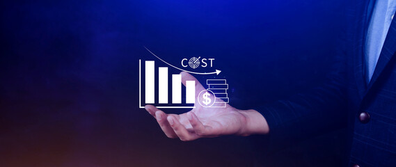 Cost reduction concept, Expenses and saving money, Business strategy and project management, with growth graph of quality control, cost reduction, efficient business and budget cutting.
