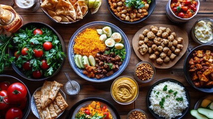 A vibrant table adorned with a variety of dishes showcases a joyful family gathering for Eid al Fitr. Colorful salads, fragrant rice, and sweet treats highlight this festive meal