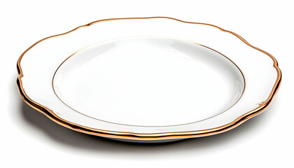 An empty gold rimmed dish is set on a white background ready for a fancy elegant dinner to be served