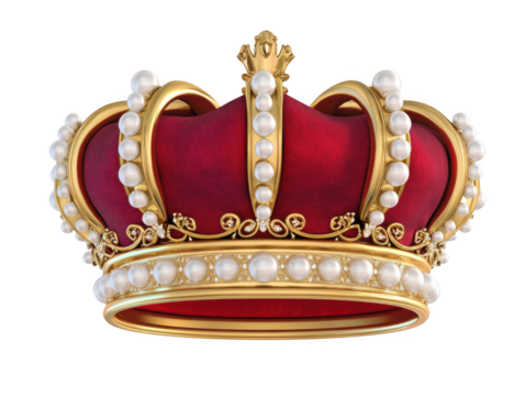 3D rendering of a gold crown with red velvet and pearls on a white background, isolated on white