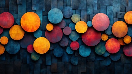 Vibrant colored circles playfully arranged on dark wood background. AI Generated