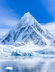 Antarctic peak glacial beauty, serene waters, stunning landscape, ideal for calendars or travel brochures