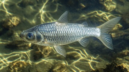 Freshwater fish swimming in shallow water, sunlight through water, rocks visible beneath