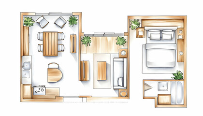 Apartment floor plan illustration with furniture arrangement, white background for interior design layout concepts