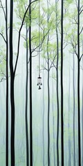 A serene forest scene with tall, slender trees and delicate green leaves, featuring a hanging lantern in a misty atmosphere.