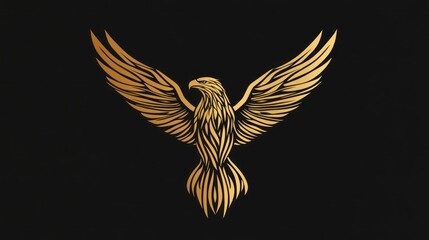 Obraz premium Golden eagle spreads wings on black background, illustration, majestic, powerful, simple