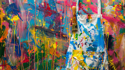 A paint splattered artist's apron against a background of vibrant abstract brushstrokes.