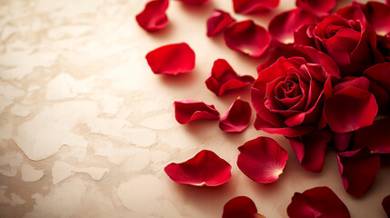 Naklejka premium Red roses with delicate petals scattered on a soft background for romantic occasions and celebrations. Red rose petals on a light neutral background