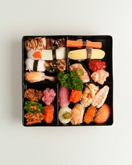 Colorful Sushi Platter with Assorted Rolls and Fresh Fish Selection