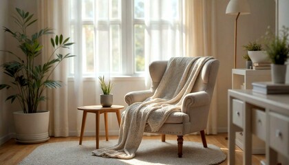 Cozy Armchair Reading Nook with Plant in Natural Light