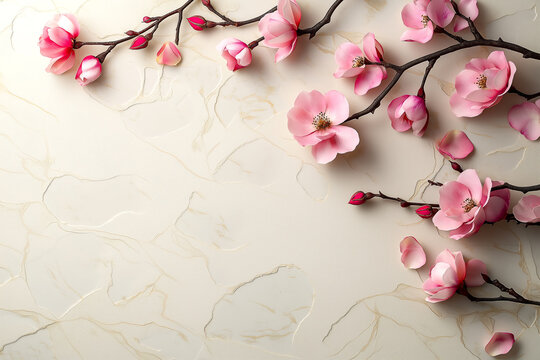 Delicate pink blossoms branch on light textured background showcasing nature's beauty in springtime