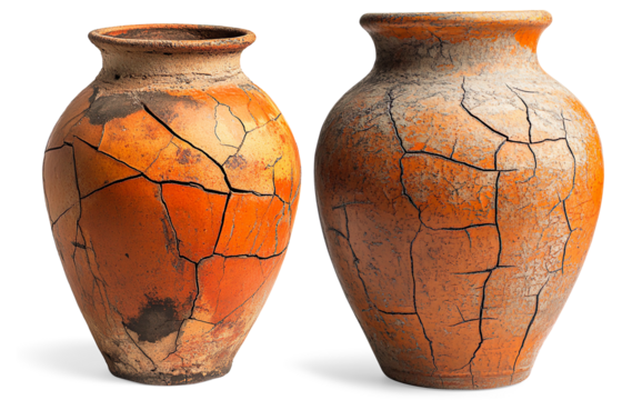 Rustic Cracked Terracotta Vase on a Transparent Background