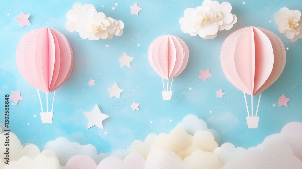 Poster whimsical paper art background with pastel clouds, balloons, and stars creating a dreamy atmosphere 