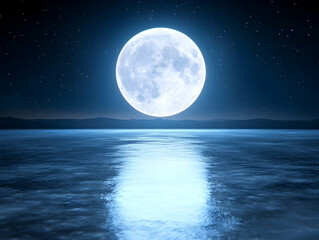 Full moon rising over calm ocean at night, starlit sky, tranquil waters reflecting moonlight. Ideal for serenity, nature, travel, or meditation themes