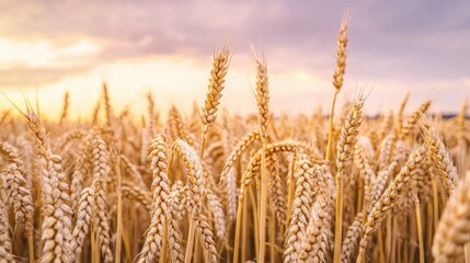 Fototapeta premium A golden wheat field stretches under a soft, pastel sky during sunset, showcasing the beauty of agricultural landscapes.