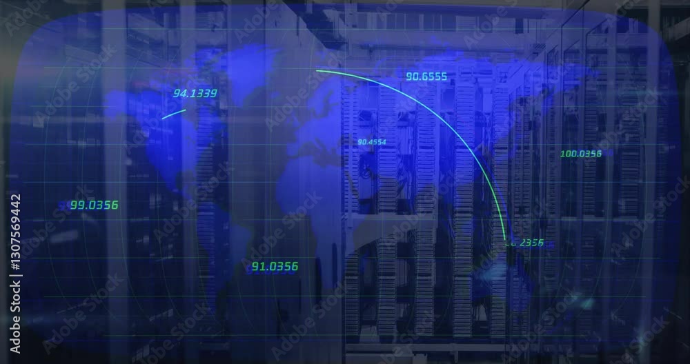 Poster global data exchange animation over server racks in data center