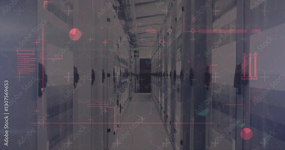 Poster data processing animation over server racks in modern data center