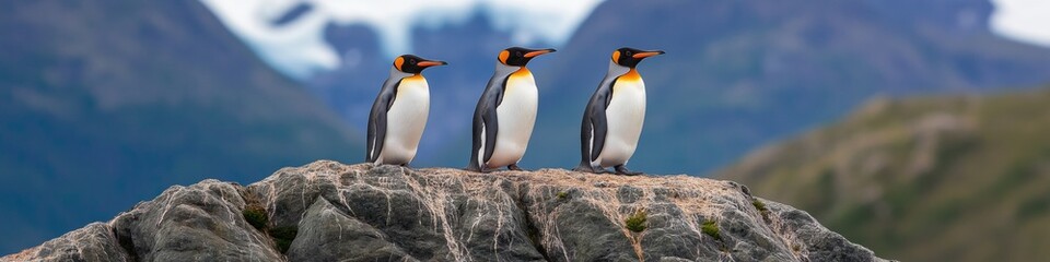 Fototapeta premium Three penguins standing on a rock in front of a mountain. The penguins are looking at the camera